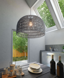 The woven dome ceiling lamp has a large dome shaped shade. Shade material surrounds a metal architecture with an grey polyester woven thread zig zag pattern woven throughout creating a soft, see through shade. Install in kitchens and dining rooms, restaurants or day spas for a softer look to your modern design. Bulbs not included. Bulbs sold separately, Max Watt 60 W, Size E26, Type A19. UL approved and listed.