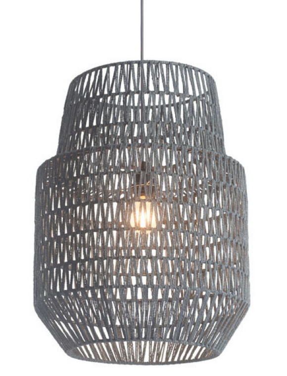 The Woven Tatum Ceiling Light has a large 2 level bell shaped shade. Shade material surrounds a metal architecture with an grey polyester woven thread zig zag pattern woven throughout pattern creating a soft, see through shade. Install in kitchens or day rooms, group over living and dining rooms and perfect for a softer look to your modern design. Bulbs not included. Bulbs sold separately, Max Watt 60 W, Size E26, Type A19. UL approved and listed.