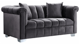 The Kristof Modern Sofa Collection has a velvet upholstery and chrome legs that will look great in your living room. The Channel upholstery is sleek and modern. This collection comes in four colors to better suit your design taste. 