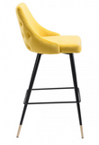 The Marlo barstool is sleek and savvy.  The velvet upholstery complements the black metal frame which is accented by gold tips.  If fashion is your passion, then this bar chair is for you. Make a statement around your kitchen island or in your bar area. Its tapered back with button tufting is easy on the eyes and gorgeous from every angle. Support slats provide a comfortable footrest while seated. Slim pencil legs end in brushed brass, giving it an elegant finish.