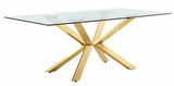 The Jamie Modern Dining Table is unique featuring a beautiful contemporary design with Gold plated stainless steel base and Genuine glass top. This dining table is guaranteed to be the highlight of any home
