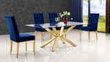 The Jamie Modern Dining Table is unique featuring a beautiful contemporary design with Gold plated stainless steel base and Genuine glass top. This dining table is guaranteed to be the highlight of any home