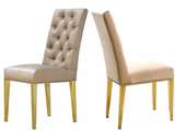 The Jamie Dining Chair S/2 Gold.  This chair has a parson's design for a sleek, contemporary look with just a hint of traditional flair. The stainless steel base is sturdy and strong, so it holds up well to everyday use. A robust gold finish lends it modern elegance, while the velvet upholstery is plush and welcoming, ensuring you stay comfortable all throughout the meal. 3 colors available.  Sold and priced in S/2