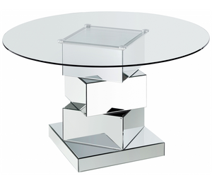 Cube Modern Mirrored Dining Table is eye catching. This table has a stacked geometric design featuring multiple squares resting atop each other for a look that wows from every angle. Dinner guests will marvel at the exceptionally modern look of this work of art disguised as a dining table, and you can pair it with your choice of chairs to complete the look. The glass top allows the sculptural quality of the base to shine through, and the base is mirrored for added beauty as it reflects light throughout your