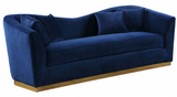 The Slope Modern Sofa Collection is graceful and stylish. This handsome sofa is upholstered in velvet for a glamorous touch and is accented with gold stainless steel around its base for a touch of modernity. Its curvy back gives it a graceful look in your living room or den, and it comes with coordinating throw pillows that beckon you to sit down and rest (or nap) for a spell.