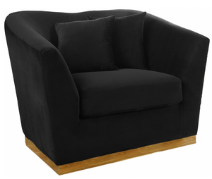 The Slope Modern Accent Chair is graceful and stylish. This handsome sofa is upholstered in velvet for a glamorous touch and is accented with gold stainless steel around its base for a touch of modernity. Its curvy back gives it a graceful look in your living room or den, and it comes with coordinating throw pillows that beckon you to sit down and rest (or nap) for a spell.