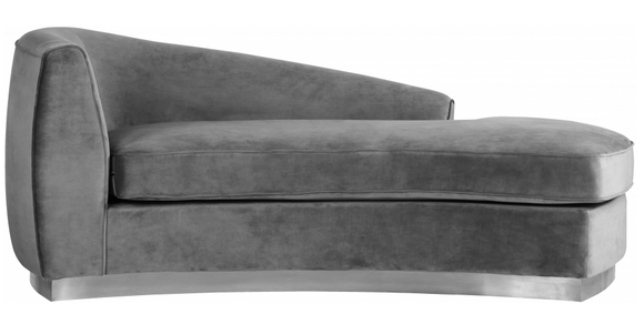 The Shell Curved Chaise Lounge comes upholstered in rich, sumptuous-to-the-touch velvet to make a fashionable statement in your space.The curved back design lends it a modish touch, and the chrome stainless steel trim around its base adds to its glitzy appeal. Great in a bedroom or lounger are or even use 2 across form each other for a 