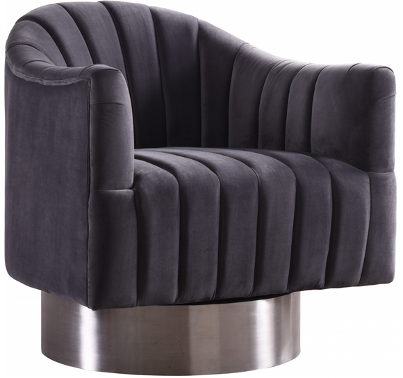 The Channel Modern Swivel Chair invites you to Relax and unwind. A beautifully modern design with hints of retro flair epitomize this lovely chair, which rests on a stainless steel base that's finished in chrome for a sleek, modern touch. The velvet upholstery gives the chair a sumptuous look, while beveled tufting lends it a plush, welcoming feel and keeps the foam inside aloft. For added fun, the chair swivels from side to side.