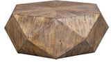 Wow your guest with this modern coffee table. This unique geometric coffee table features a sunburst top in mango veneer finished in burnished honey with a subtle light gray glazing.