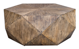 Wow your guest with this modern coffee table. This unique geometric coffee table features a sunburst top in mango veneer finished in burnished honey with a subtle light gray glazing.