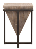 The Pinpoint Accent table features a upside down pyramid constructed from aged fir wood and is finished in a heavy hand applied gray wash, nestled into an iron base finished in aged black.