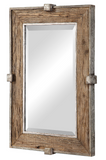 The Burnished Wall Mirror is a twist on rustic modern. This rustic frame is made from reclaimed fir wood with a natural finish enhanced with a weathered texture, accented with burnished silver iron details. Mirror features a generous 1 1/4" bevel. May be hung horizontal or vertical.