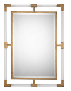 The Acrylic Classico Wall mirror is classic and modern. This mirror can certainly serve as a focal point for any room. Combining forged iron, finished in a metallic gold leaf, with suspended, clear acrylic, solid bars creating a modern feel. Mirror has a generous 1 1/4" bevel. May be hung horizontal or vertical.