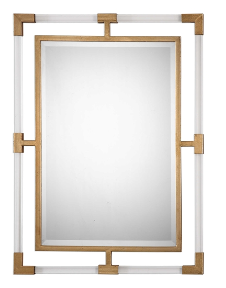 The Acrylic Classico Wall mirror is classic and modern. This mirror can certainly serve as a focal point for any room. Combining forged iron, finished in a metallic gold leaf, with suspended, clear acrylic, solid bars creating a modern feel. Mirror has a generous 1 1/4