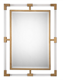 The Acrylic Classico Wall mirror is classic and modern. This mirror can certainly serve as a focal point for any room. Combining forged iron, finished in a metallic gold leaf, with suspended, clear acrylic, solid bars creating a modern feel. Mirror has a generous 1 1/4" bevel. May be hung horizontal or vertical.