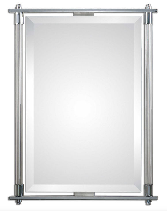 The Ribba Accent Mirror features a Ribbed glass columns accented with polished chrome plated details. Mirror features a generous 1 1/4