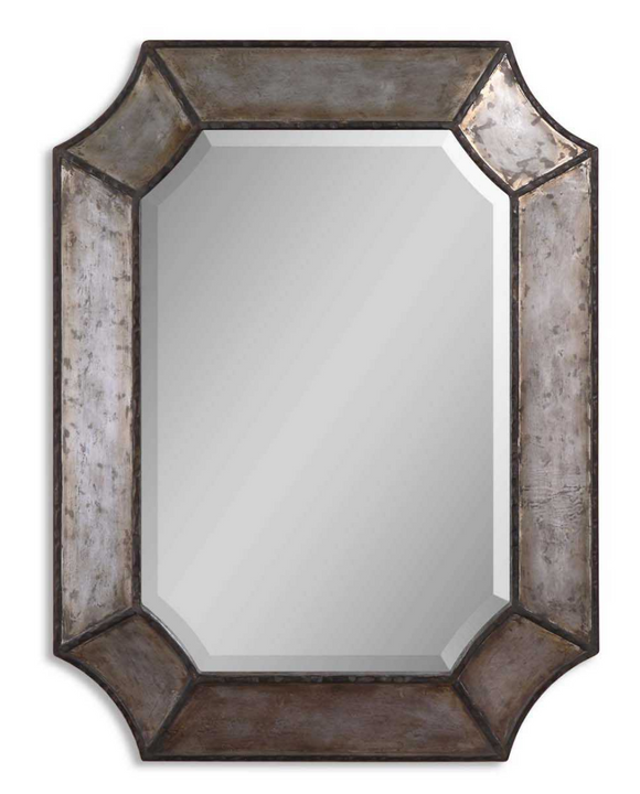 Elcrinkle Distressed Metal mirror's frame is made of distressed, hammered aluminum with burnished edges and rustic bronze details. Mirror has a generous 1 1/4