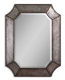 Elcrinkle Distressed Metal mirror's frame is made of distressed, hammered aluminum with burnished edges and rustic bronze details. Mirror has a generous 1 1/4" bevel. May be hung either horizontal or vertical.