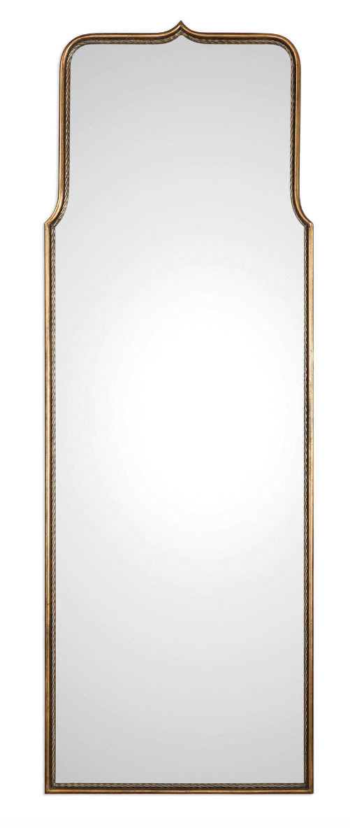 The Hembly iron dressing mirror features a smooth exterior and a twisted interior, finished in a heavily antiqued gold leaf this mirror is sure to make a statement. 