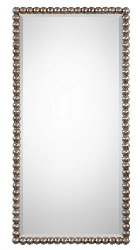 The Beaded Wall mirror is striking. The frame features a beaded profile finished in a lightly antiqued silver leaf. Mirror has a generous 1 1/4