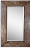 The Wide Wood Leaner Mirror features a generous 10" wide frame with antiqued hickory undertones, light gray wash and burnished distressing. Mirror has a generous 1 1/4" bevel. May be hung either horizontal or vertical or Leaned.