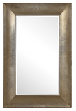 The Intense oversized wall mirror is modern and bold. This elegant design features a gracefully sloped surface with a refined, channeled texture, finished in a warm champagne. Mirror features a generous 1 1/4" bevel. May be hung horizontal or vertical.