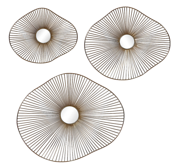 The Shroom metal wall art is organic and modern.This contemporary set of 3 metal wall art features 3-dimensional organically curved shapes with radiating metal spokes, finished in a plated gold with mirrored center accents.