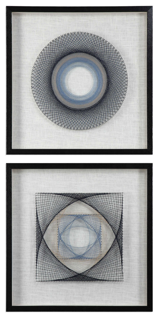 The No Strings attached wall art is unique and modern. These fun shadow boxes feature 3-dimensional layered string art, hand threaded around individually hammered pin nails in easy shades of blue, over a neutral linen backing with a black pine frame.
