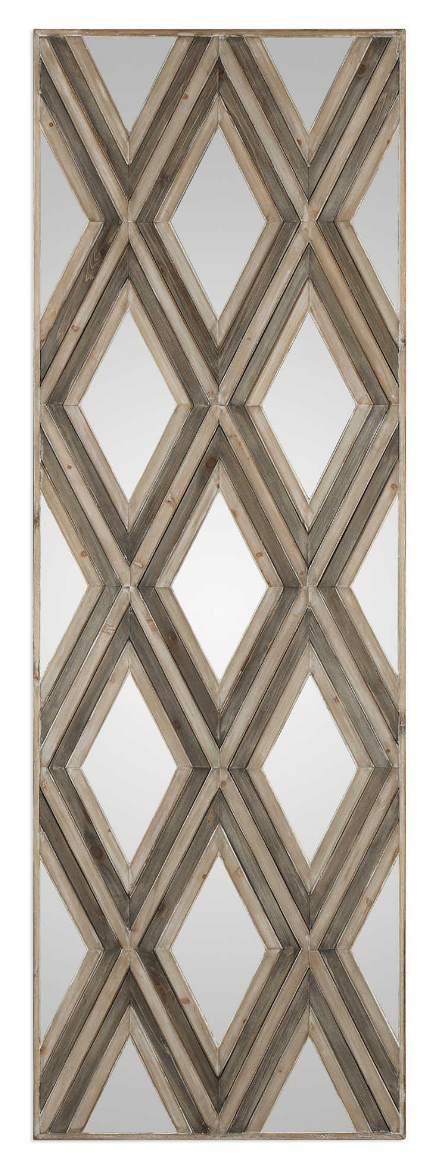 The Dominion Wood and Mirror Wall Decor is striking. An updated blend of casual and contemporary with mirrored accents, layered with fir veneers in a geometric argyle pattern, finished in ivory and chestnut gray.