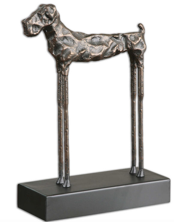 The Good boy dog Sculpture is unique and mod.  The heavily distressed cast iron dog figurine has golden bronze highlights. Great for a desk or table top sculpture.