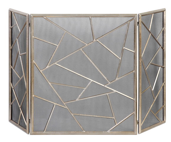 The valadian modern fireplace screen features Decorative, iron fireplace screen features a lightly antiqued silver leaf finish. Center panel is 26