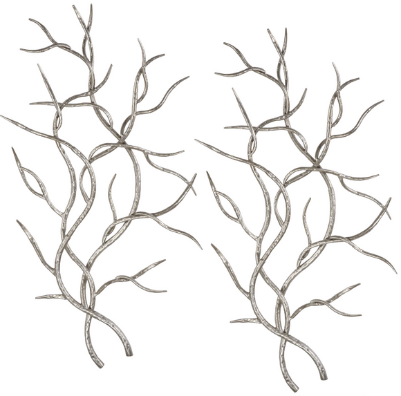 The Branch Metal wall decor is versatile. Artistically replicated branches made of hand forged and hand hammered iron with a bright silver leaf finish. May be hung horizontal or vertical.