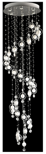 The Bubbly Modern Chandelier is fun and stylish.  The sweeping design in modern and breathtaking.  The white glass orbs mixed with the crystal pairs for a stunning effect.  Great for high ceiling are places where a huge impact light is necessary. 