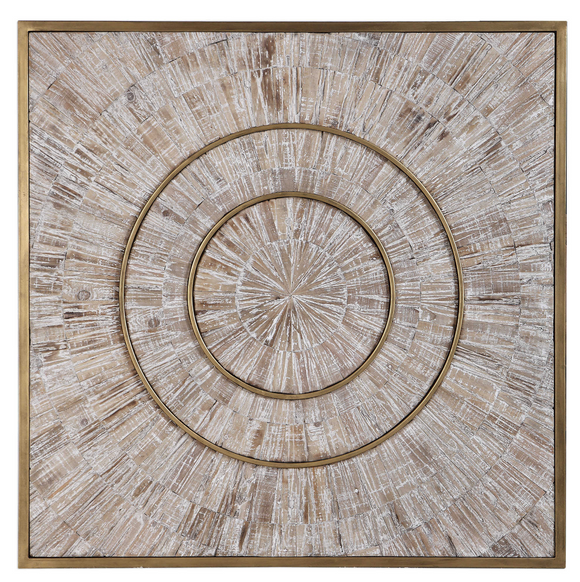The Olean Wood and Metal Wall Decor blends the rustic and modern element seamlessly.Modern and rustic styles merge in this mixed material design. Aged fir wood strips with natural wood graining have a light gray wash and are arranged in a circular design, with iron accents finished in antique brass.