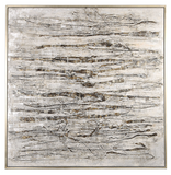 The Layered wall art has a modern flair and earthtone colors. Modern, industrial style emanates from this hand painted abstract on canvas. An array of textured gray, brown, white, and off white brushstrokes are accented by black and metallic silver shades that add dimensional details. A silver gallery frame completes the artwork. Due to the handcrafted nature of this artwork, each piece may have subtle differences. This piece may be hung horizontal or vertical.