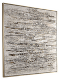 The Layered wall art has a modern flair and earthtone colors. Modern, industrial style emanates from this hand painted abstract on canvas. An array of textured gray, brown, white, and off white brushstrokes are accented by black and metallic silver shades that add dimensional details. A silver gallery frame completes the artwork. Due to the handcrafted nature of this artwork, each piece may have subtle differences. This piece may be hung horizontal or vertical.