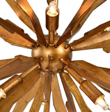 The Jagged Starburst 6 light pendant features antique gold leaf on starburst blades helps mix the mid-century feel with an old world feel giving us this great pendant. Includes 6-40w G9 halogen bulbs. Use in a grouping for a more eye catching fixture.