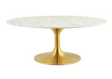 The base and dimensions are true to the original specifications, while the table’s oval-shaped artificial marble top, and tapered metal base, are carefully lacquered with a scratch and chip resistant finish.