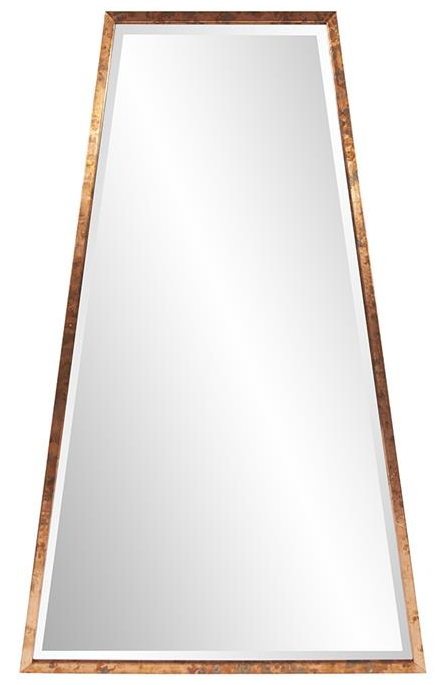 The elongated A shaped frame takes on a retro design, modernized for 2018 and beyond with an acid treated copper finish. The mirror of the frame has a bevel, enhancing its overall look. D-rings and saw tooth hangers are affixed to the back of the frame so that the mirror is ready to hang right out of the box! Use in a grouping for a more dramatic effect.