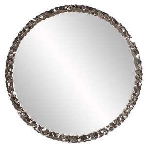 The Crumple wall mirror is a striking piece featuring a round frame characterized by a wrinkled ripple texture. The texture and movement of the piece is exaggerated by its bright nickel plating applied with an electrostatic technique. It is a perfect focal point for an entryway, bathroom, bedroom or any room in your home. D-rings are affixed to the back of the mirror so it is ready to hang right out of the box! The mirrored glass on this piece is NOT beveled. 