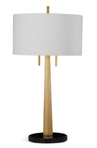 Tip Table Lamp is gold leaf with large white shade and slender base. 