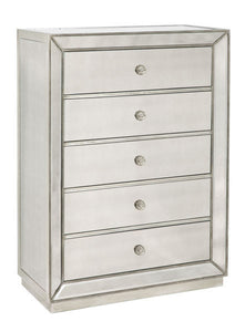 Penthouse Mirrored Chest of Drawers with 5 large drawers for storage and antiqued mirror finish. 